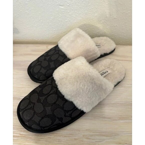 Coach Women's Smoke/Coal/Black Shearling Lined Logo Mules Zena Slippers Size 8 - Picture 1 of 5
